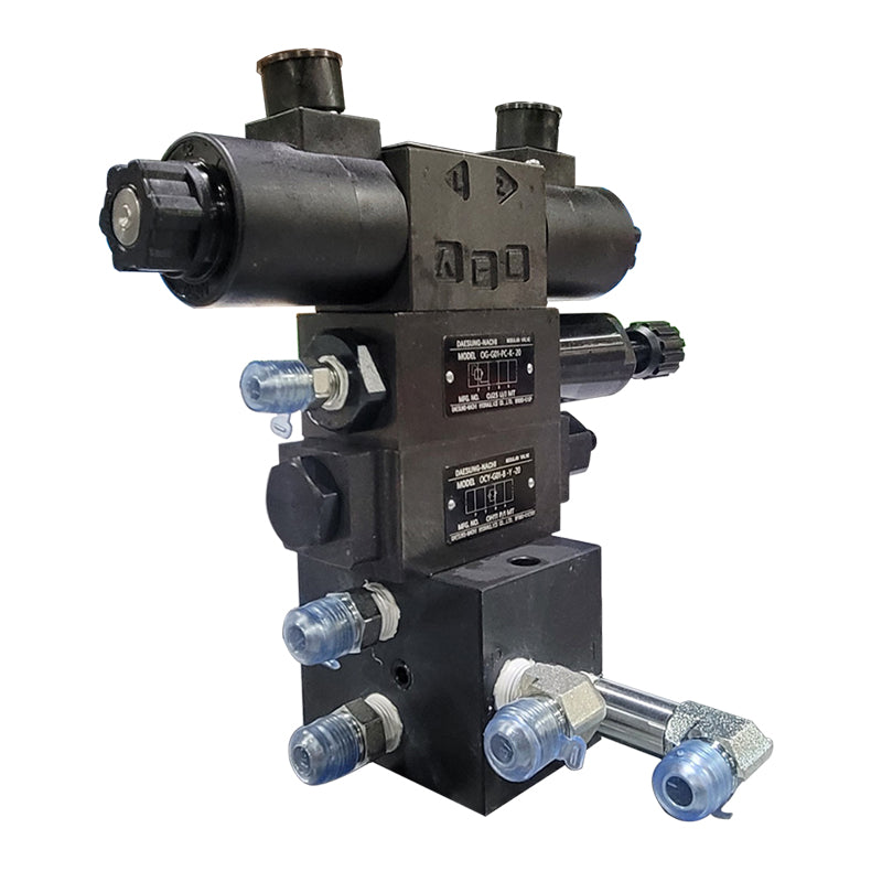 Side view of the Valve Assy (Quill) Valve assy 010, showcasing its modular hydraulic design with multiple connection ports and standardized mounting surfaces. Main image