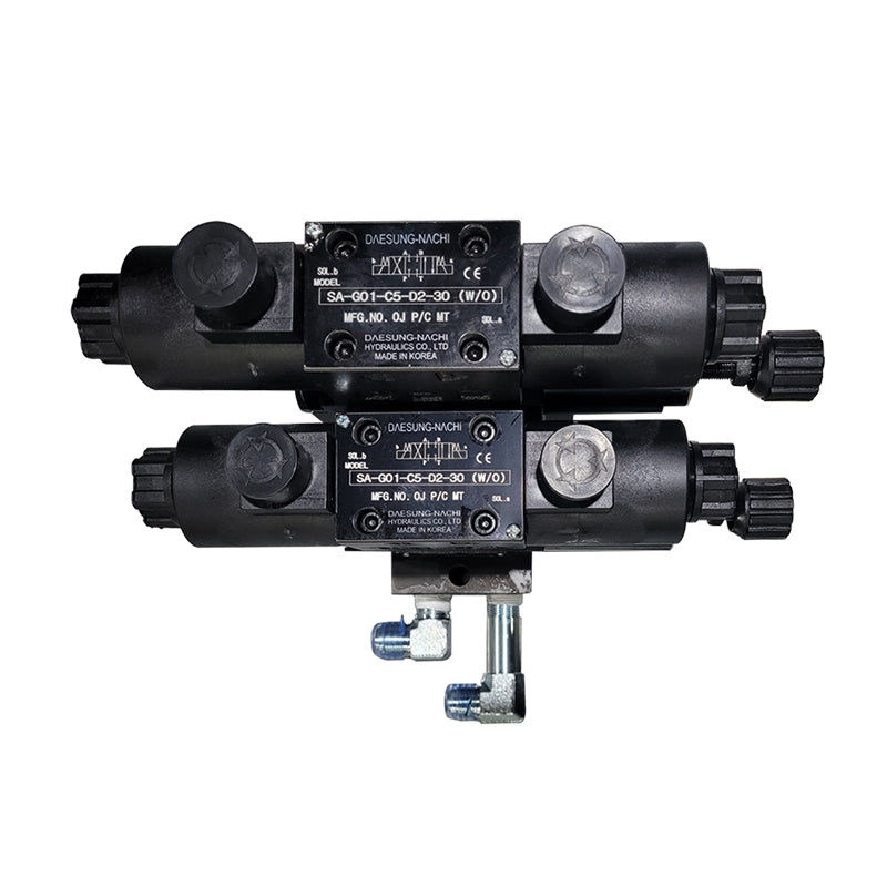 Top view of modular valve assembly with dual solenoid valves, model Valve assy 008 Chuck+Quill