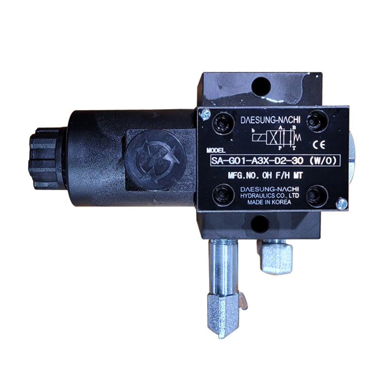Valve Assy 001, close-up of Daesung-Nachi hydraulic valve model SA-G01-A3X-D2-30 with clear labeling and connection ports.