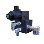 Valve Assy 001, side view showing modular valve assembly with multiple hydraulic connections for easy circuit configuration.