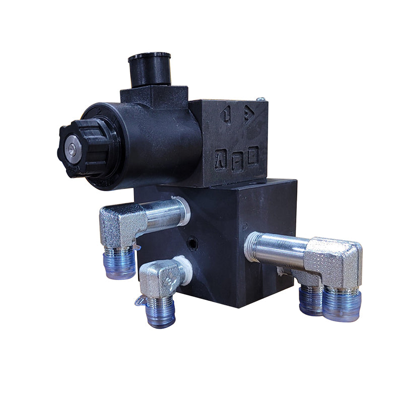 Valve Assy 001, side view showing modular valve assembly with multiple hydraulic connections for easy circuit configuration.