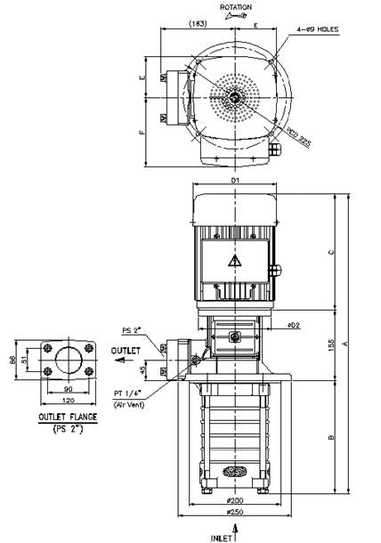 Aryung ACRK 10 flange outlet (F) dimension drawing