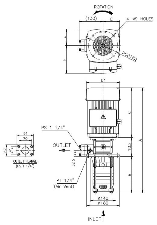 Aryung ACRK 3 flange outlet (F) dimension drawing