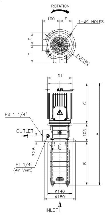 Aryung ACRK 3 screw outlet (B) dimension drawing