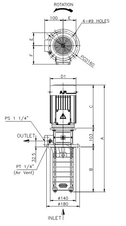 Aryung ACRK 5 screw outlet (B) dimension drawing