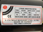 Close-up of the I-TA Machinery Co., Ltd. motor label detailing specifications and certifications