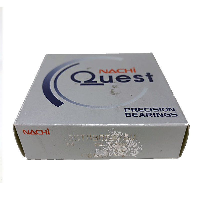 Packaging box for Nachi Support Bearing 25TAB06U, labeled as NACHI Quest Precision Bearings.