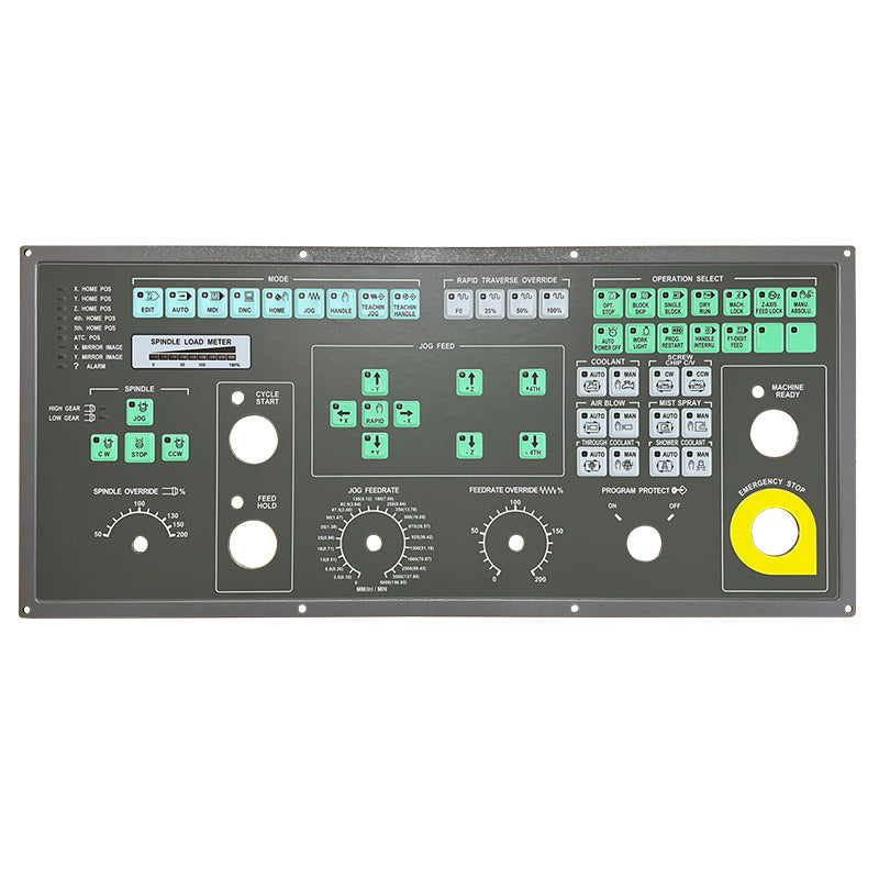 OP PCB Board Assembly for DOOSAN models with various control buttons, dials, and emergency stop button. Main image