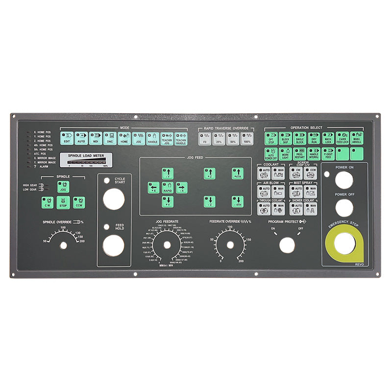 OP PCB Board Assembly for DOOSAN REVO51 with various control buttons, dials, and emergency stop button.