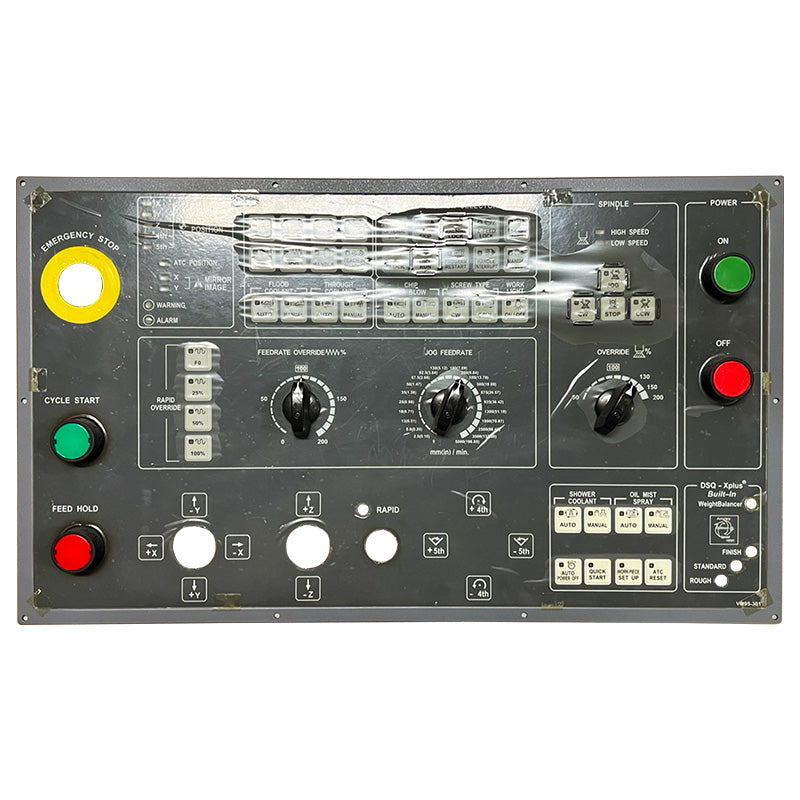 OP PCB Board Assembly for DOOSAN VM950 with various control buttons, dials, and emergency stop button. Main image