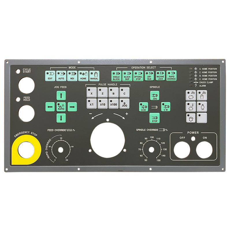 OP PCB Board Assembly for DOOSAN models with various control buttons, dials, and emergency stop button. Main image