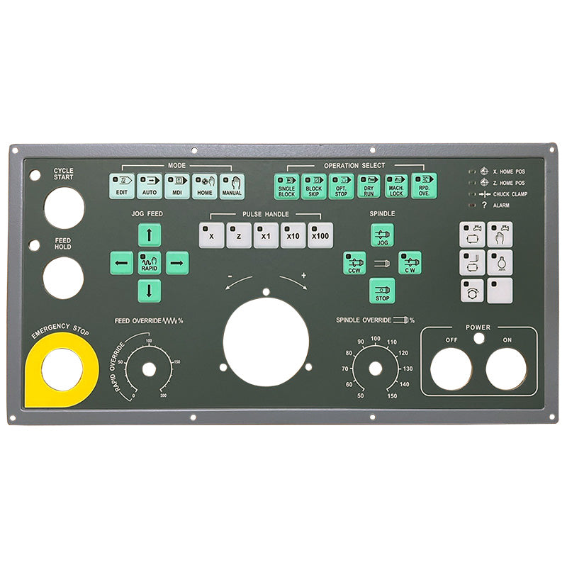 OP PCB Board Assembly for DOOSAN models with various control buttons and dials, including emergency stop and spindle override. Main image